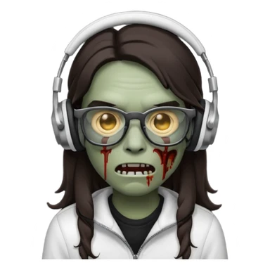 Zombie emoji with a split middle long dark brown hair part style with black glasses and white wired headphones sticker