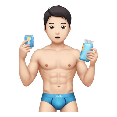 Male shirtless white skin Asian korean six pack sexy big dih lean full body without pants hold condom and jerking off with a little bit hair upper underwear  sticker
