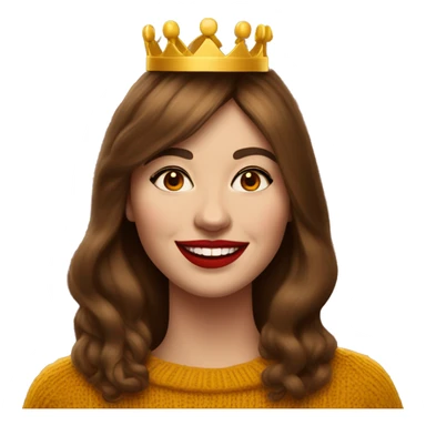 White English woman with very long brown hair and face framing layered bangs dressed in a mustard yellow sweater with birthday crown and negroni in hand. She is smiling smugly with red lipstick sticker