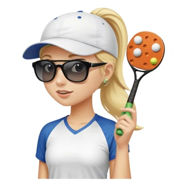 Girl with blond hair in a ponytail wearing a white baseball cap and sunglasses holding a  pickleball sticker