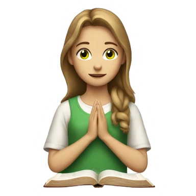 A girl with light brown hair green eyes with a Bible praying to God sticker