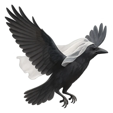 a flying raven with a delicate white bridal veil, graceful, minimal background sticker