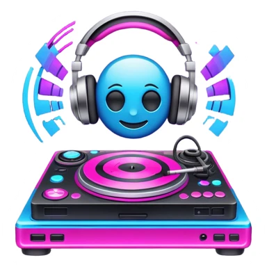 Create a dynamic and modern emoji that represents remixing music. The design should feature a turntable, a soundwave, and music editing software icons to symbolize the process of transforming original tracks. Add elements like a DJ controller or headphones to emphasize the remixing aspect. Use vibrant colors like neon pink, electric blue, and purple to convey the energy and creativity involved in remixing. The background should be transparent. sticker