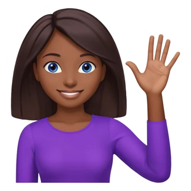 Dark brown hai woman with shoulder-length hair, blue eyes, wearing a purple top, smiling with one hand raised to the side, palm facing up. The gesture looks like she’s presenting something, offering help, or saying “Here you go!”

 sticker