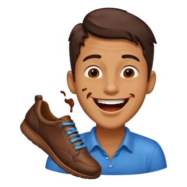 Man laughing with chocolate stain on shoe sticker