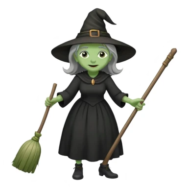 Old witch with green skin and a big nose waering a black dress and riding a broom sticker