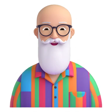 bald man with glasses, long white beard, winking, wearing a colorful shirt sticker