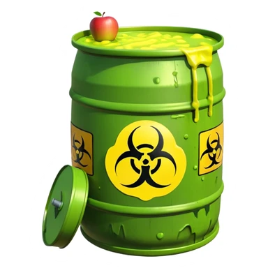 3D render of Biohazard Barrel, toxic waste aesthetic, neon green bubbling liquid, caution yellow metal, industrial warning texture, Apple emoji style, isolated on white background --v 6.0 sticker