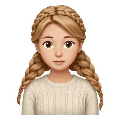 light brown hair blonde hair hazel eyes woman with a white cable knit sweater thatand one braid down her back  with tendrils of hair flowing down her face and she is happy pale, some freckles, blush. she has a cateye wing and long lashes she has eyeliner sticker