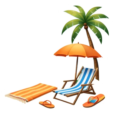 Icon for Beach Tourism: with the blue ocean, orange sunset sun and palm trees in the background, a sun umbrella, flip-flops, and a beach towel on the sand. The icon should represent relaxation and fun at the beach. Transparent background. sticker