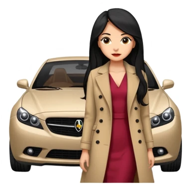 A fast, expensive black car with a young woman beside it The young woman has long black hair, wears a beige formal coat, and underneath is a cherry-colored dress. With expensive blak caaar sticker