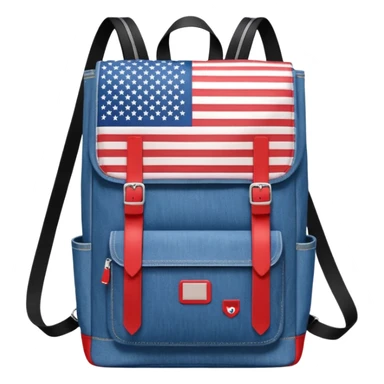 a blue denim backpack with a flap top, two vertical black buckle straps on the front. The backpack has two side pockets and a soft square shape. at front view bottom pocket, red and with two divided logo like simple american flag

 sticker