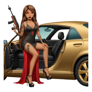 Lilith tan skinfemale red eyes symbol. Tattoo arms. Her hair is brown straight long hair.wearing sexy long sexy dress with slit. black stiletto thick platform high heels shoes on. Sitting on gold giant luxury car with cash inside . She is holding a sniper rifle in one hand cash in other hand sticker
