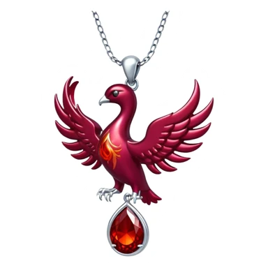 phoenix-inspired ruby pendant with cosmic aura, deep red glow, silver chain undulating like water sticker