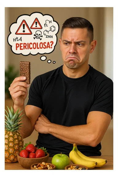 un uomo in abbigliamento sportivo tiene in mano una barretta proteica, osservandola con un’espressione scettica e preoccupata. Sopra la barretta, una nuvoletta di pensiero mostra simboli di allarme, ingredienti chimici e la scritta “Pericolosa?” in rosso. Sullo sfondo, frutta fresca e altri snack naturali sono visibili sul tavolo, sottolineando la sua preferenza per alternative più sane. sticker