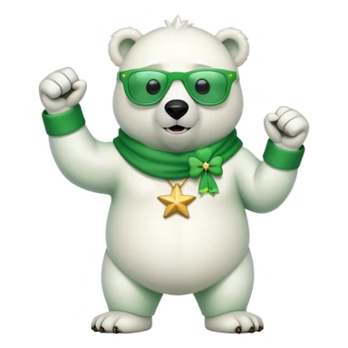 full body friendly anthropomorphised polar bear wearing oversized colorful star glasses and festive St. Patrick's Day outfit doing a fist pump sticker