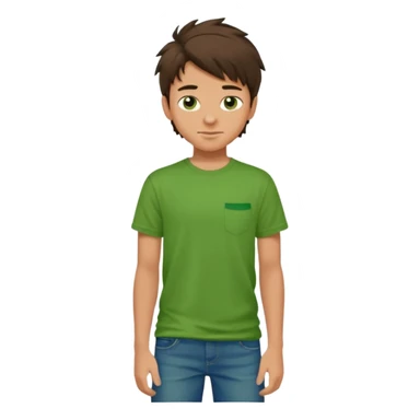 A 14 yerar old teenage boy, tanned, wearing a green t-shirt , blue jeans and green sneakers with dark brown tousled hair, smirking sticker
