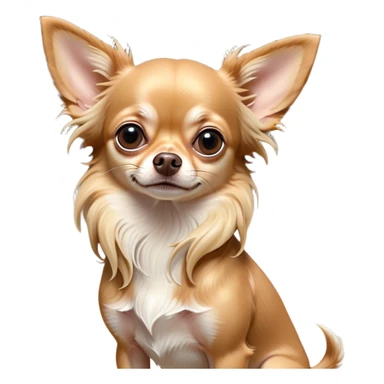Cinematic Grumpy Long Haired Fawn Chihuahua Portrait Emoji, Head tilted slightly with a deeply unimpressed expression, thick, flowing fawn hair with natural highlights, large, droopy dark eyes narrowed into an unamused glare, ears slightly drooping in exasperation, Simplified yet comically expressive features, highly detailed, glowing with a dry, sarcastic glow, high shine, effortlessly judgmental yet dignified, stylized with a touch of cynicism, bright but brooding, soft glowing outline, capturing the essence of an eternally unimpressed yet endearing companion, so lifelike it feels like it could sigh heavily at you in disdain at any moment! sticker