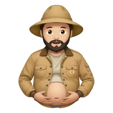 Bearded man rubbing pregnant belly poking out of shirt wearing a tan canvas carhartt jacket with a stereotypical large chinese hat on and buck teeth sticker