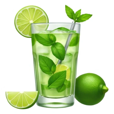 Make a mojito in she style of an emoji in a small glas with only one lime on top and one lime in the glas, not too much mint sticker