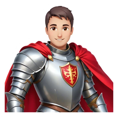 Create a side-view RPG character asset in a clean. The character is a brave knight with exaggerated, rounded features and minimal linework. They wear polished armor in silver tones, with a bright red cape flowing behind them. The face should have large, expressive eyes and a friendly smile that’s clearly visible even from the side view. Keep proportions simple and cartoony. The stance is slightly turned to emphasize the character’s side profile (facing right), with one hand on the hip and the other resting on a sheathed sword at the waist. The colors should be vibrant and easy to read, with smooth shading reminiscent of typical emoji designs. Include two variations: one idle pose and one simple walking pose, each capturing the playful, streamlined look of emoji-like characters. sticker