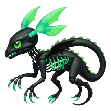 Obsidian-black and neon-glowing-green skeletal Meloetta-Salandit-Gorebyss-Salazzle-Pokémon-Fakémon-creature-fusion-hybrid sticker