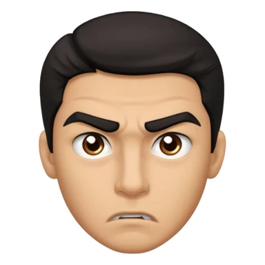 emoji de un joven, con cejas gruesas que parece enojado, nariz medio grande, hombros anchos, sin sonrisa, hombros anchos, cabello medio ondulado con un corte juvenil, cabello negro. ojos negros. sticker