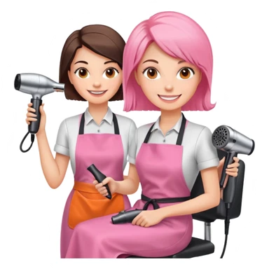 smiling woman client in pink apron sitting in salon chair, female hairstylist smiling behind her with orange apron, holding a hairdryer in right hand sticker