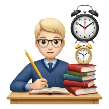 emoji student studying hard with books and clock, motivated, white background sticker