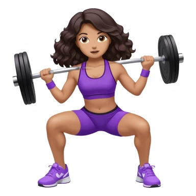mujer de tez trigueña, con cabello castaño oscuro ondulado no muy marcado, hasta las nalgas super largo estilizado, con ropa deportiva morada/lila, tenis blancos deportivos y levantando una pesa sticker