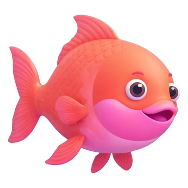 cute pink fish emoji with a big smiling face, huge shiny eyes, rosy cheeks, tiny fins, soft pastel colors, underwater background with bubbles and coral, 3D glossy style, chibi emoji look, super kawaii sticker