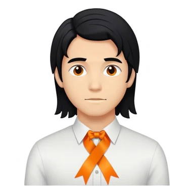 young man with mid long black haire and an orange ruban sticker
