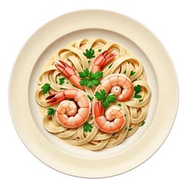 create a Whole Shrimp Linguini stylized thicker  with white plate Camera angle: slightly elevated top-down view with a gentle bird’s-eye perspective (about 15–20°), identical perspective and scaled do not add anything on plate


 sticker
