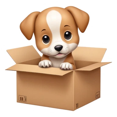  A very cute young puppy  with one's head tilted to one side poked its paws out of the cardboard big box and placed them on top of it sticker