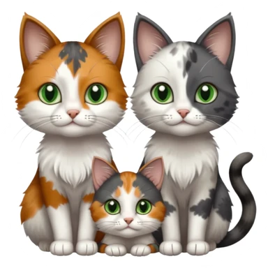 3 different coloured small cats including a dark grey and white, and a patchy calico with hazel eyes and a completely solid dark grey with green eyes and only white paws sticker