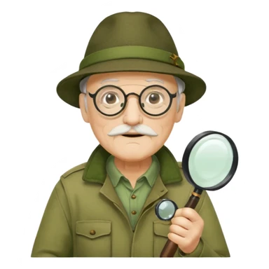old man in beige moss green explorer outfit, wear black glass, hat, holding magnifying glass sticker