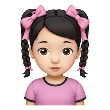 mixed 1 year old girl asian and american with short pigtails and cute bows i dark brown/black hair with big brown eyes emoji in a pink shirt sticker