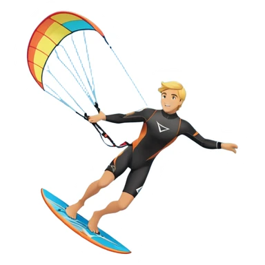 An athlete in a wetsuit riding a kiteboard, soaring over the sea waves with the kite high in the sky. The background features a vibrant blue sky and crashing ocean waves, capturing the thrill and freedom of kitesurfing in dynamic motion. sticker
