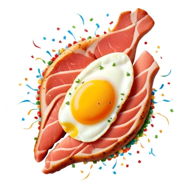 Protein party explosion with chicken breast, red meat steak, salmon fillet, and egg bursting upward from center like fireworks, with the largest chicken piece in front, DNA strands spiraling around them, and muscle silhouette in background sticker
