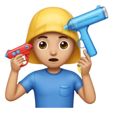 an emoji that is looking sad and scared holding a water gun facing its head sticker