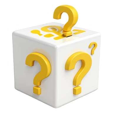 white cube shaped box printed with "q&a" over stuffed with yellow question marks sticker
