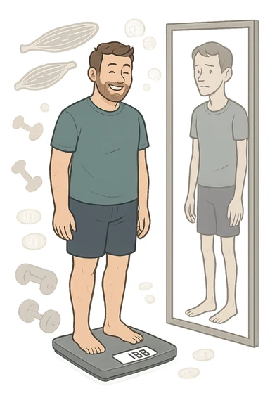 a man stands on a scale, smiling at the lower number, but his reflection in a nearby mirror shows a thinner, but also visibly weaker and less muscular body. Around him, floating icons or faded images of muscle fibers and dumbbells highlight the overlooked loss of muscle mass. The mood is cautionary and educational. in italiano sticker