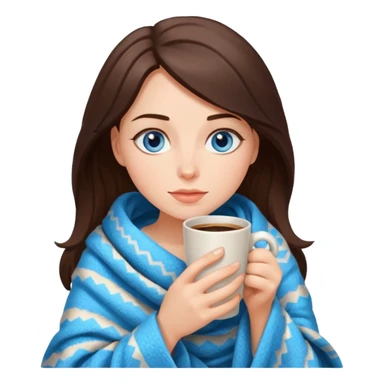 Brunette blue-eyed woman drinking coffee, with a cozy blanket sticker