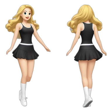 full-body-caucasian-curvy-beauty-jumping-short-black-skirt-back-and-front-views-strong-wind-white knickers-long-white-socks sticker