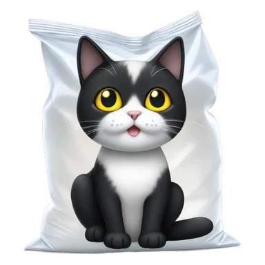 A little black and white cat sitting in a white plastic bag. The cat is mostly black except for white on her nose and paws. The cat has yellow eyes  sticker