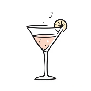 A fancy cocktail glass with decorative garnish in pastel colors (dd9fb0, ffc6d3, a3bfc9, c4bee2, f1b091), hand-drawn doodle style sticker