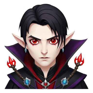 Cinematic Realistic WoW Vampire Mage Portrait, head tilted epicly and inquisitively, showcasing a commanding presence and ancient arcane mastery. His pallid skin and sleek dark hair are set against the intricately detailed black robe—with silver accents and mystical runes—that remains consistent in its shadowed elegance. His piercing crimson eyes blaze with forbidden power, rendered with dramatic, lifelike clarity and high shine, epic and awe-inspiring. sticker