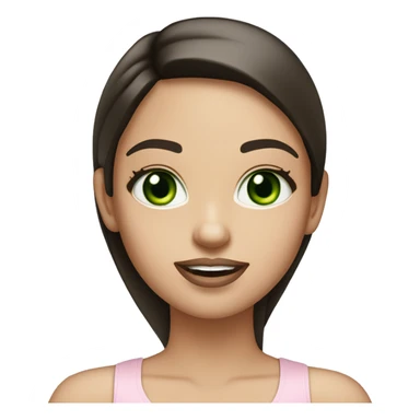 beautiful girl with high cheek bones, long straight shiny dark brown hair, big green eyes and big pale pink lips. Wearing a cream tank top sticker