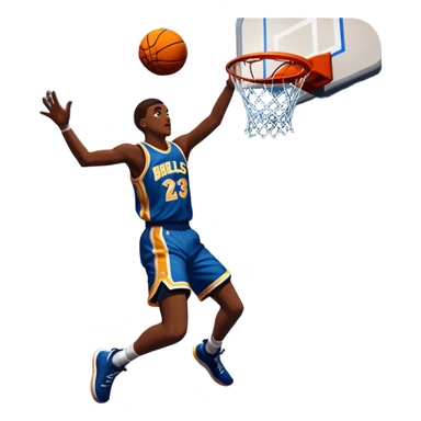 An icon featuring a basketball court with players in action, inspired by NBA 2K25. A player jumps for a dunk, with the ball mid-air. Bright lights illuminate the court, symbolizing the excitement of sports simulation games. Transparent background emphasizes the energy. sticker