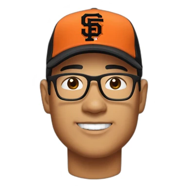 Asian middle age man with glasses, black quarter zip and black sf giants baseball cap sticker